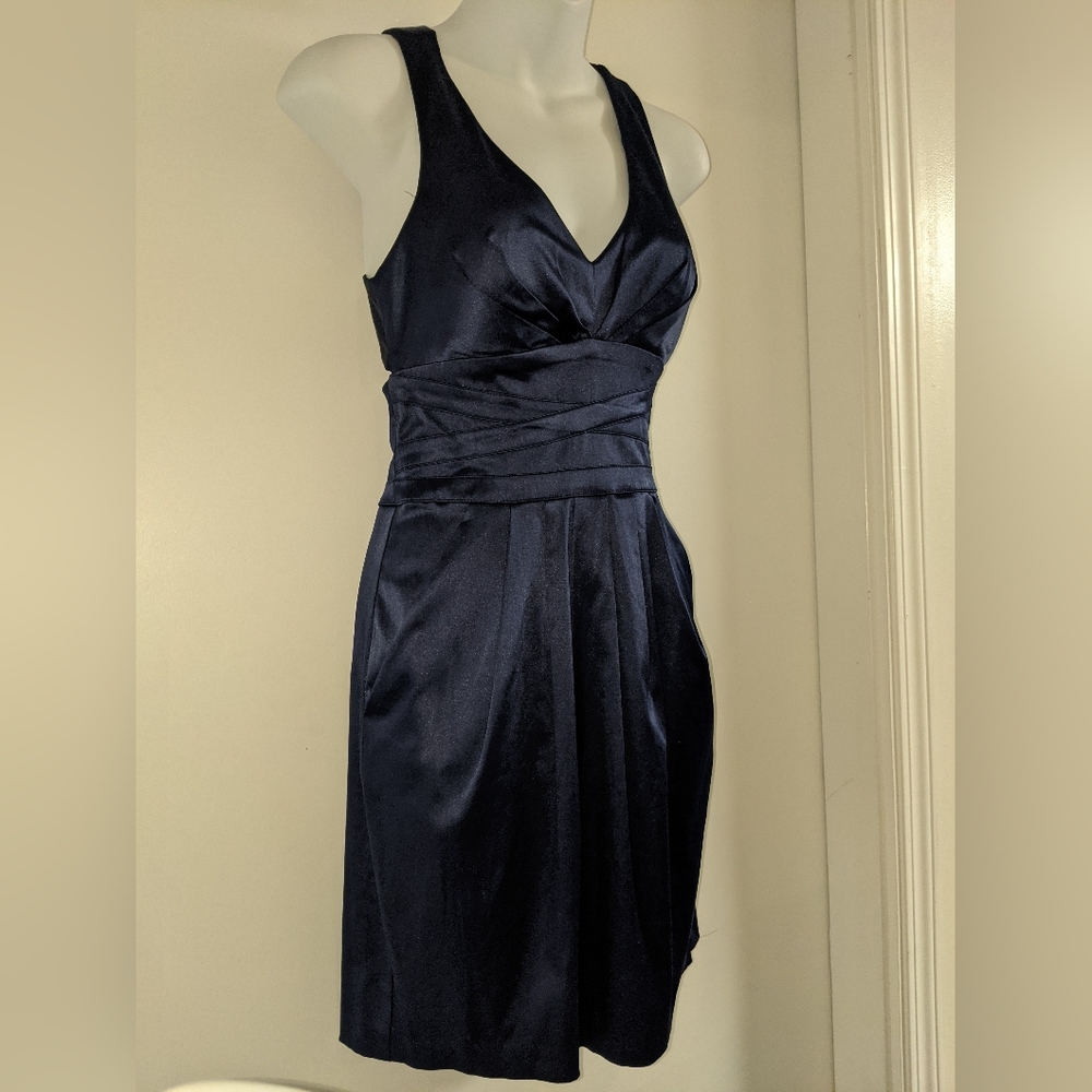 Blue satin cocktail mini dress criss cross low back with pockets